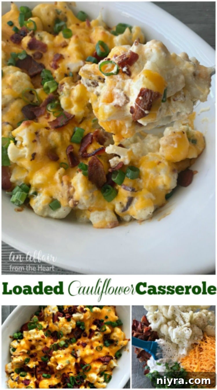 Loaded Cauliflower Casserole served in a casserole dish, topped with fresh scallions and bacon
