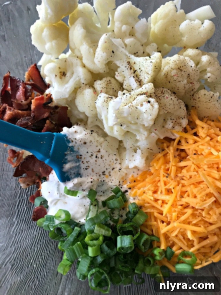 Preparation steps for Loaded Cauliflower Casserole, showing ingredients mixed in a bowl