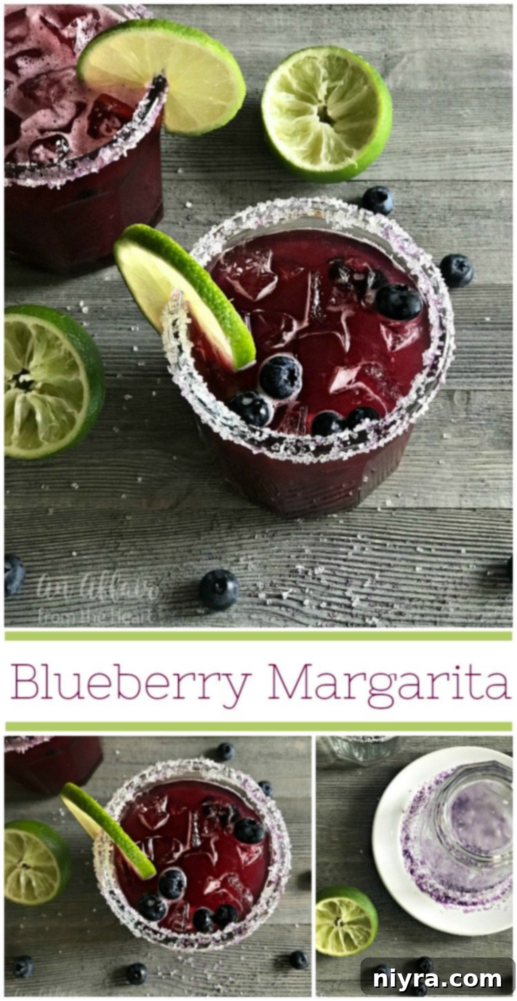 Close-up of a pitcher and glass of Blueberry Margarita, garnished with lime and fresh blueberries