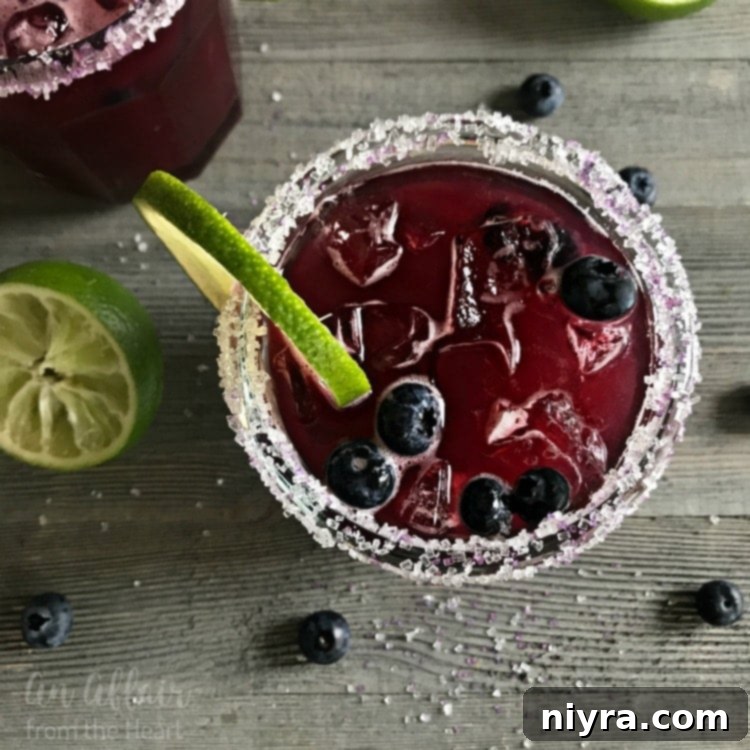 Overhead close-up of a Blueberry Margarita in a sugar-rimmed glass