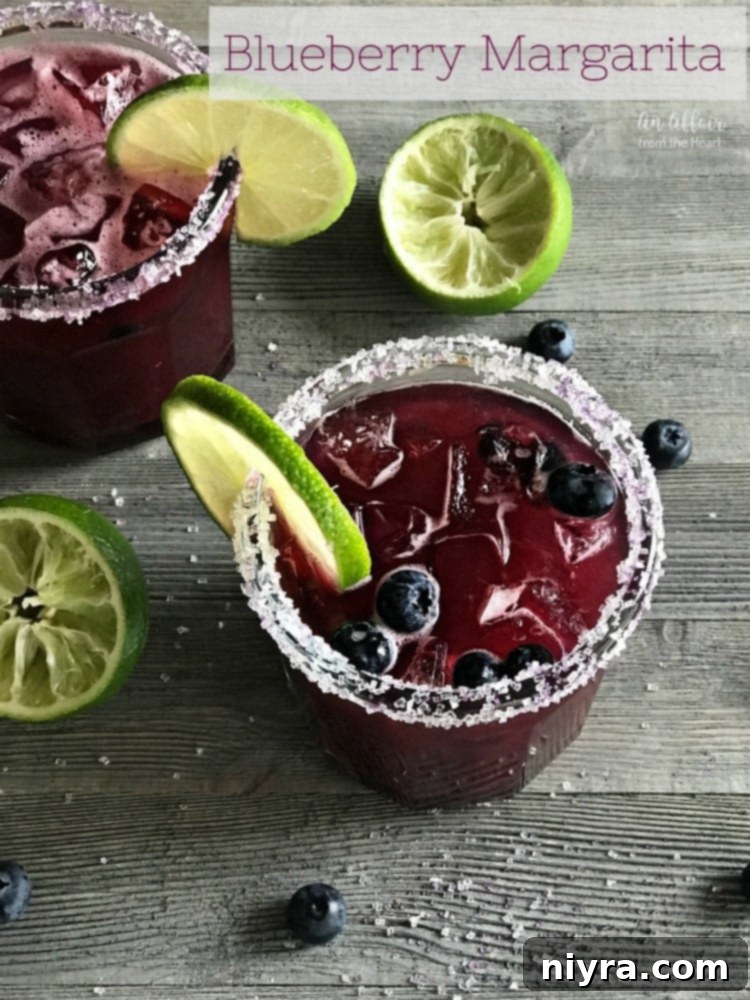 Hero shot of a perfectly garnished Blueberry Margarita in a glass