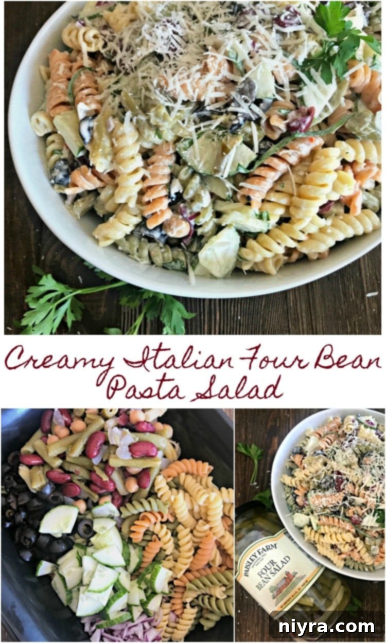 A bowl of Creamy Italian Four Bean Pasta Salad with a serving spoon