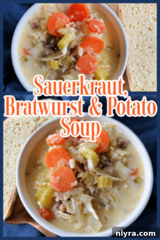 Sauerkraut soup with potatoes and bratwurst, a comforting meal for cold weather