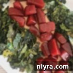 Overhead of Honey Bourbon Glazed Beets with Crispy Kale