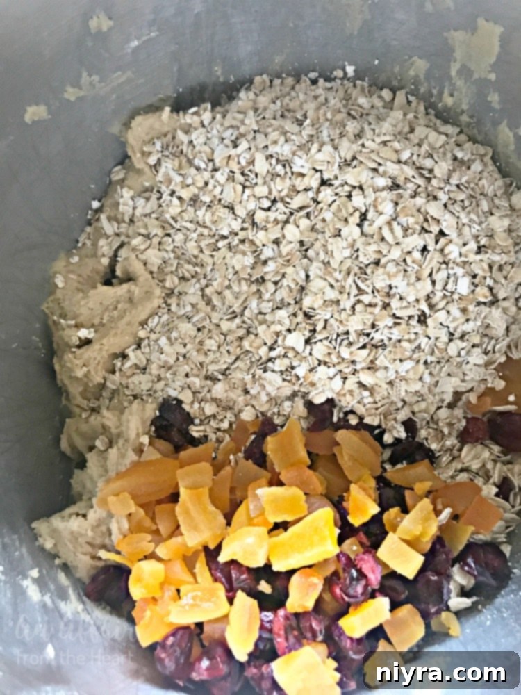 Mixing bowl with Cranberry Apricot Oatmeal Cookie dough