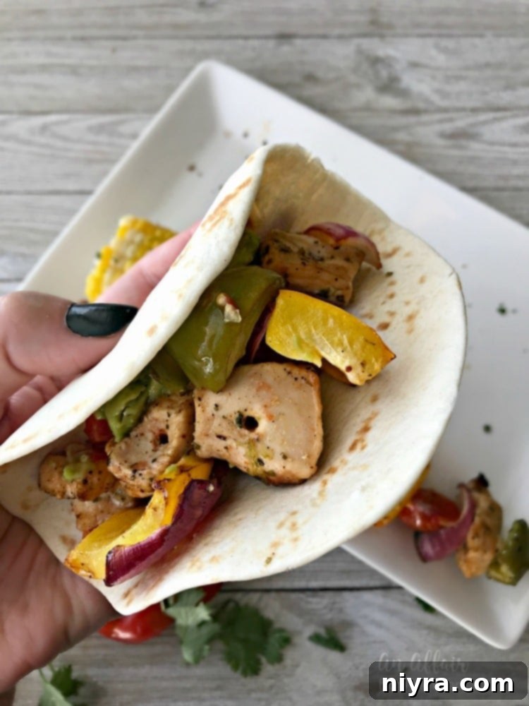 Chicken Fajita Kabobs in a tortilla