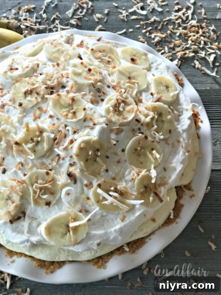 Side view of a freshly made Banana Cream Pie, showcasing its layers