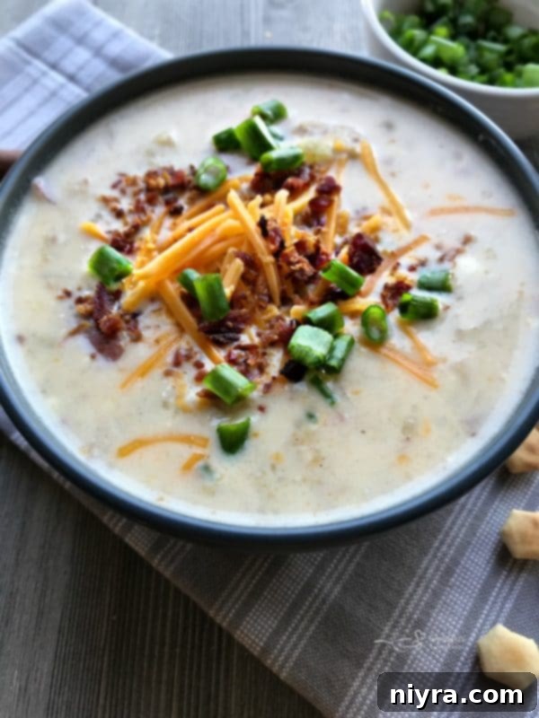 Overhead shot of Instant Pot Loaded Potato Soup, garnished with fresh green onions.