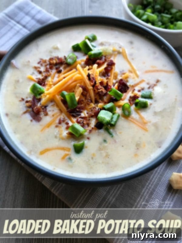A final, enticing shot of the Instant Pot Loaded Potato Soup in a rustic bowl, ready to be served.