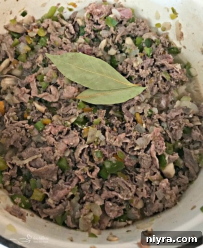 Cooked Gary's QuickSteak with sautéed vegetables in a Dutch oven.