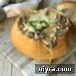 Philly Cheese Steak Soup in a Bread Bowl