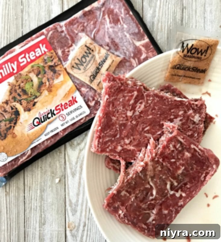 Gary's QuickSteak Sirloin Steak 'Puck' ready for cooking in a pan with vegetables.
