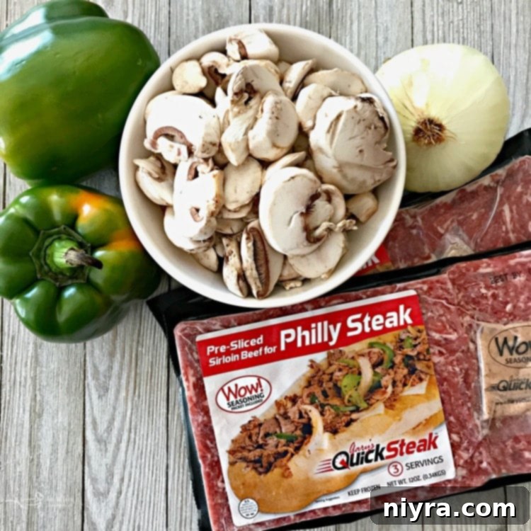 Ingredients for Gary's QuickSteak Soup laid out on a kitchen counter.