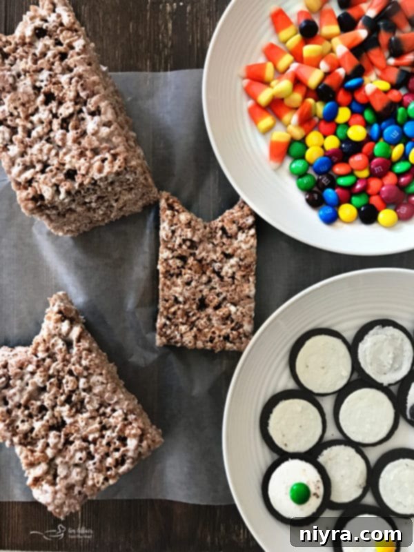 Gathering decorating supplies for Cocoa Krispy Owls