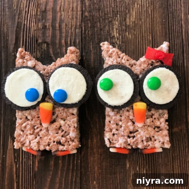 A girl Cocoa Krispy Owl with a fruit roll-up bow