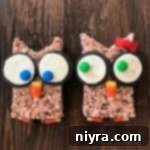 Two Cocoa Krispy Owls on a wood surface