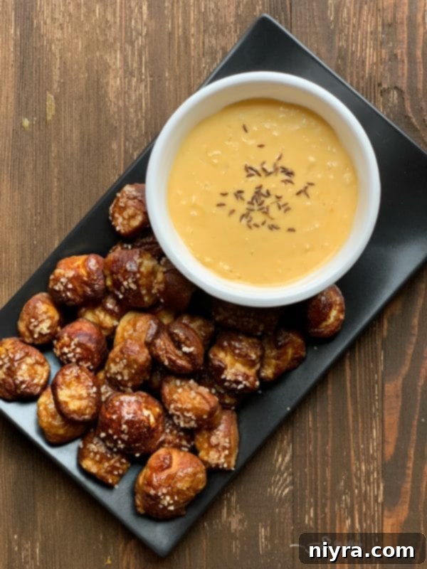 Tangy Kraut Cheddar Pretzel Bites 2 Quick Pretzel Bites with Sauerkraut Cheddar Cheese Sauce dip