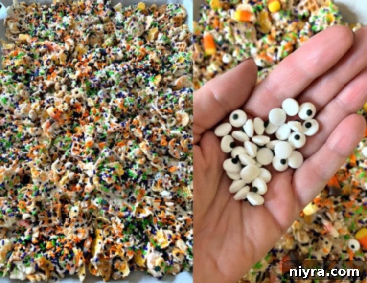 Monster Mash Snack Mix 6 Coating Halloween White Trash Mix with melted almond bark, sprinkles, and candy eyes