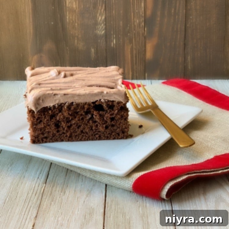 Velvet Chocolate Pudding Frosting 10 A square slice of chocolate cake topped with fluffy chocolate pudding frosting