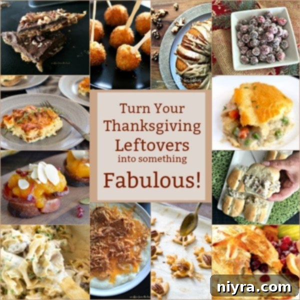 A vibrant collage of Thanksgiving leftover recipes, encouraging creative repurposing