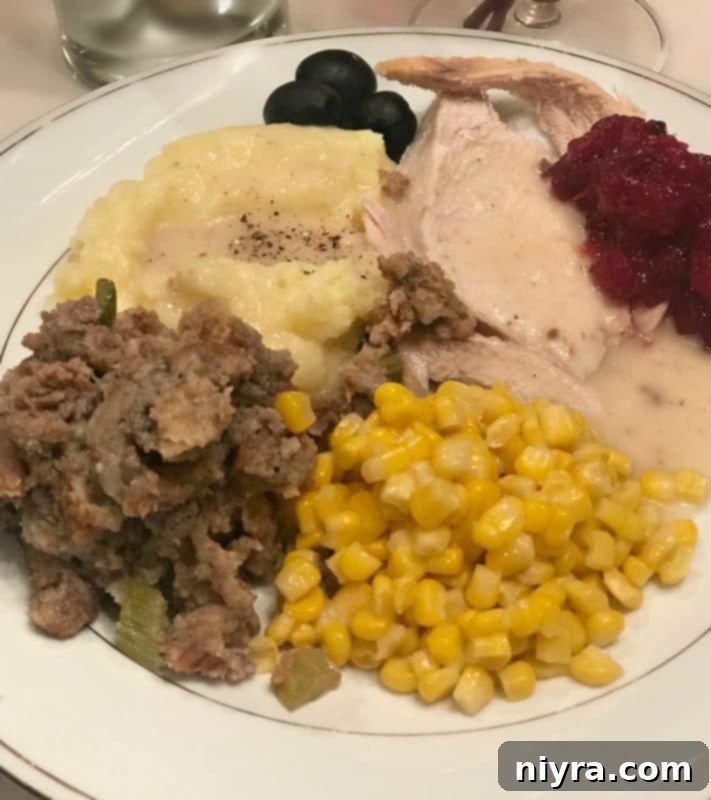 A festive Thanksgiving plate piled high with roasted turkey, stuffing, mashed potatoes, and cranberry sauce