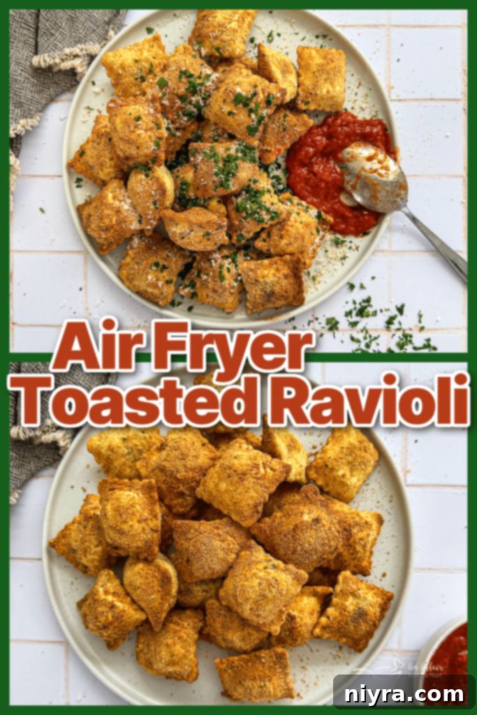 Finished Air Fryer Toasted Ravioli served with marinara and fresh parsley.
