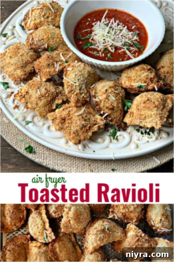 Pinterest double image with text "Air Fryer Toasted Ravioli"
