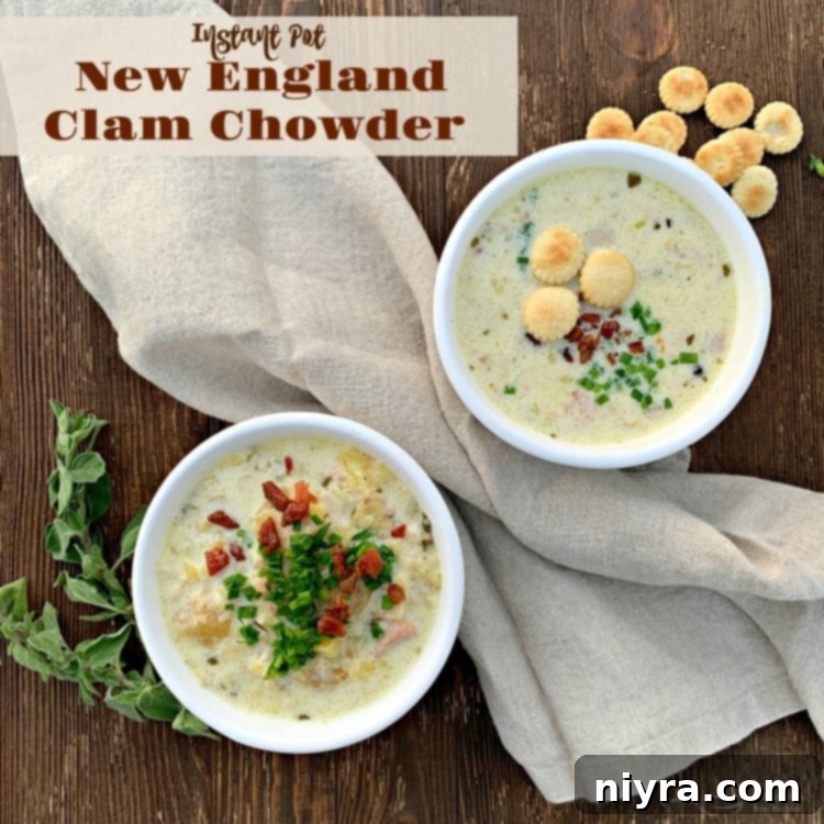 Creamy Instant Pot New England Clam Chowder 11 A bowl of Instant Pot New England Clam Chowder, perfectly creamy and inviting
