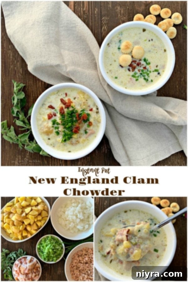Creamy Instant Pot New England Clam Chowder 5 Instapot New England Clam Chowder in a white bowl with a spoon