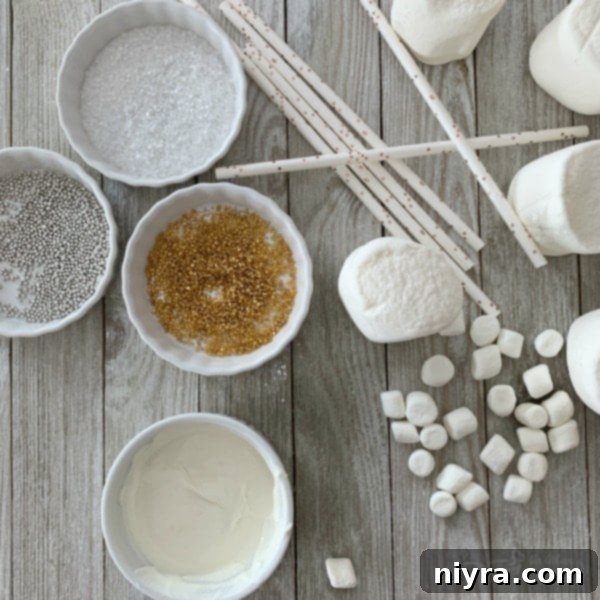 Preparation of white chocolate-dipped marshmallows, showing melted chocolate and sprinkles