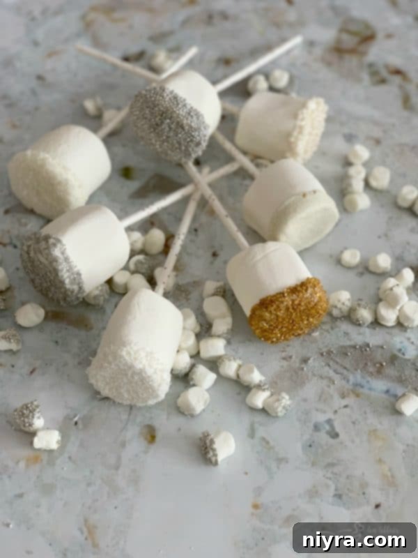 Jumbo white chocolate-dipped marshmallows, decorated with festive sprinkles