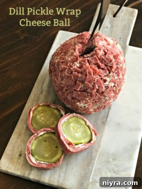 Dill Pickle Wrap Cheese Ball hero shot with serving suggestions