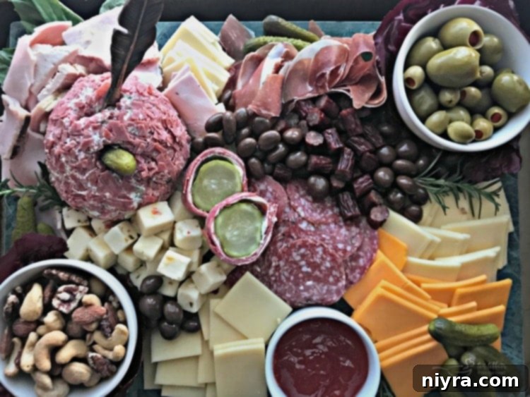 Dill Pickle Wrap Cheese Ball on a platter with other cheese board items