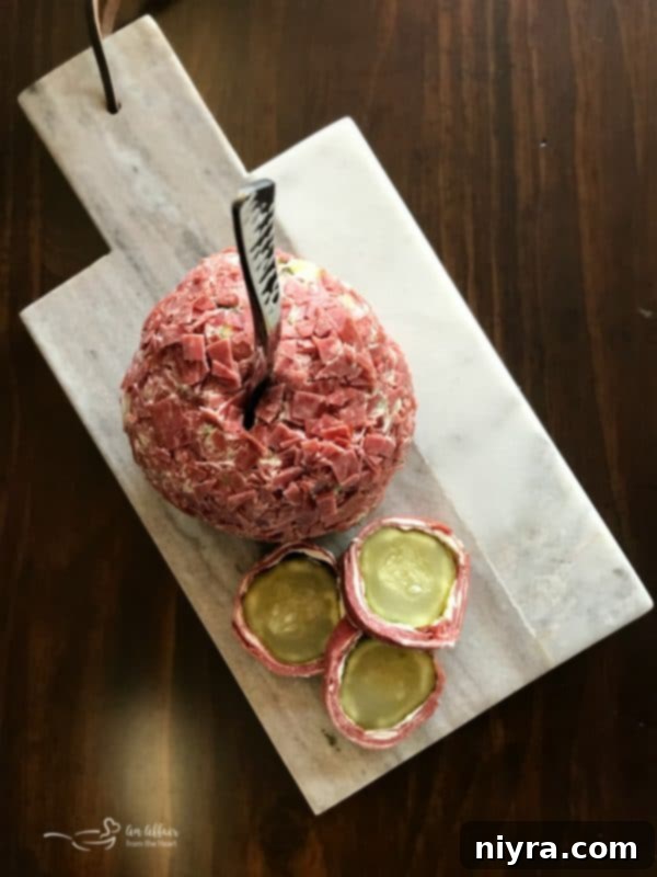 Finished Dill Pickle Wrap Cheese Ball ready to be served