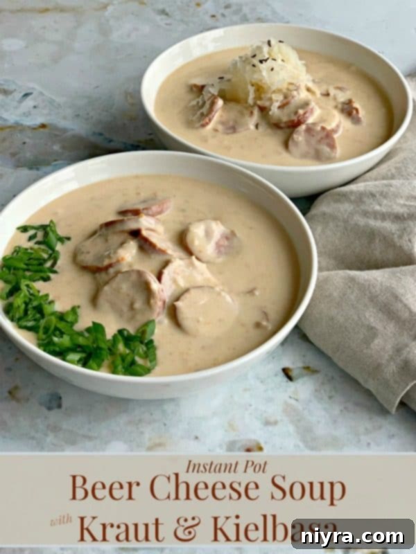 Hearty Instant Pot Beer Cheese Soup with Tangy Kraut and Smoked Kielbasa 12 A steaming bowl of Instant Pot Beer Cheese Soup with Kraut & Kielbasa, ready to enjoy