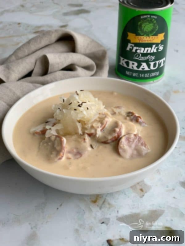 Hearty Instant Pot Beer Cheese Soup with Tangy Kraut and Smoked Kielbasa 3 Frank's Kraut - essential ingredient for Beer Cheese Soup
