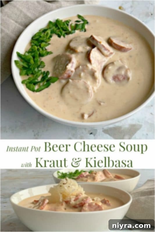 Hearty Instant Pot Beer Cheese Soup with Tangy Kraut and Smoked Kielbasa 4 Delicious Instant Pot Beer Cheese Soup with Kraut & Kielbasa, ready to serve