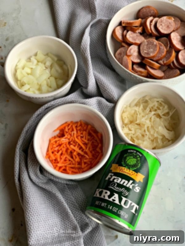 Hearty Instant Pot Beer Cheese Soup with Tangy Kraut and Smoked Kielbasa 5 Preparing ingredients for Beer Cheese Soup with Kraut and Kielbasa