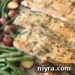 close up of Roasted Salmon Sheet Pan Meal with Potatoes & Green Beans