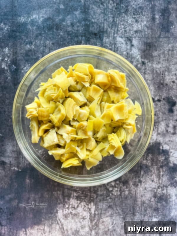 Chopped artichoke hearts in a bowl