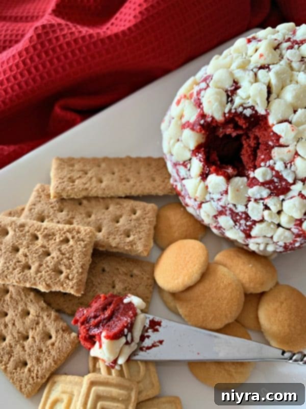 A beautifully crafted Red Velvet Cheese Ball, perfectly round and coated with white chocolate chips, served on a elegant platter.
