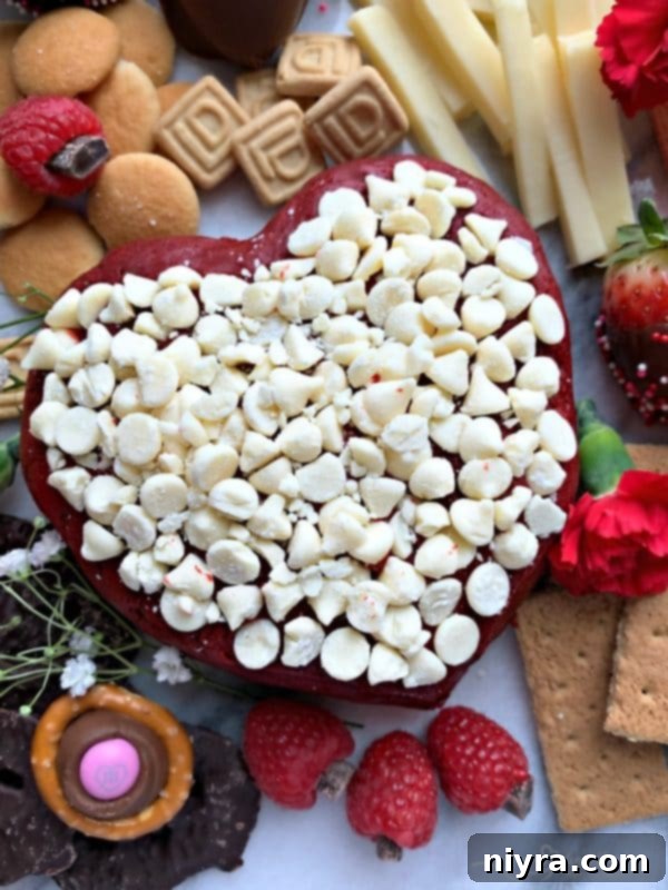 A heart-shaped Red Velvet Cheese Ball, beautifully adorned with white chocolate chips, positioned as a romantic dessert centerpiece.