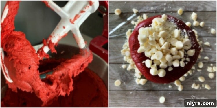 Ingredients for Red Velvet Cheese Ball being prepped in a bowl, showcasing the vibrant red color of the cake mix.