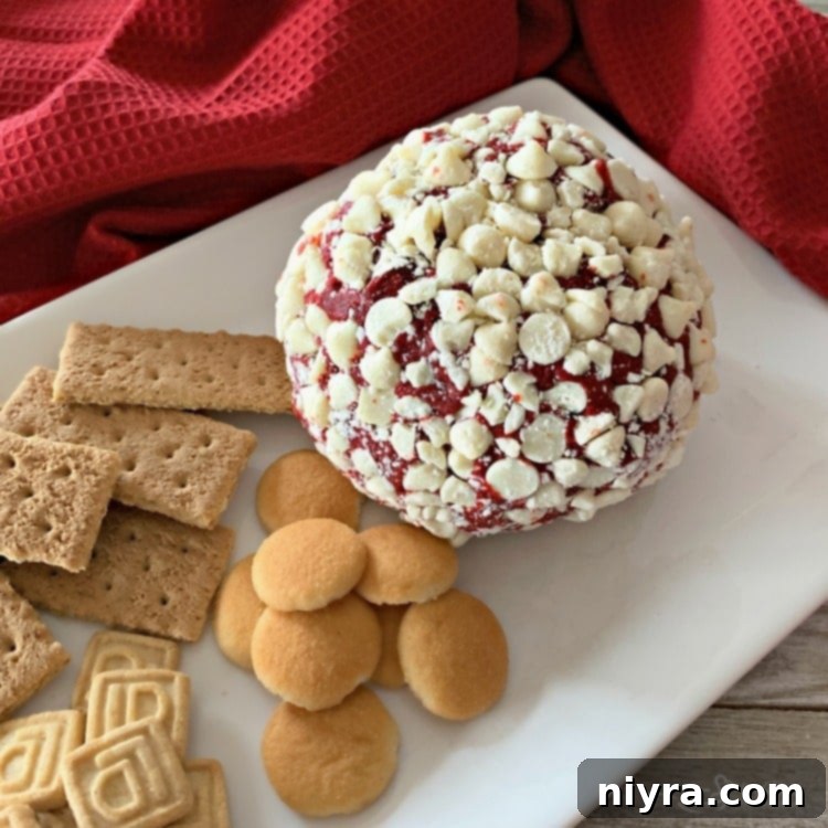 A Red Velvet Cheese Ball, beautifully garnished and ready to be served, highlighting its rich texture.