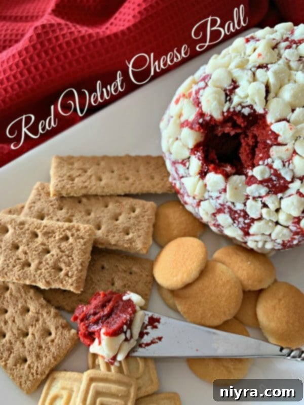 A close-up of a Red Velvet Cheese Ball, showcasing its texture and white chocolate chip coating, ready to be served.