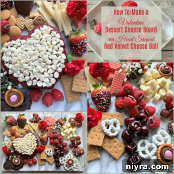 A vibrant Valentine's Day Dessert Cheese Board showcasing a heart-shaped red velvet cheese ball, surrounded by fresh berries, creamy cheeses, and sweet chocolates, set on a elegant board.