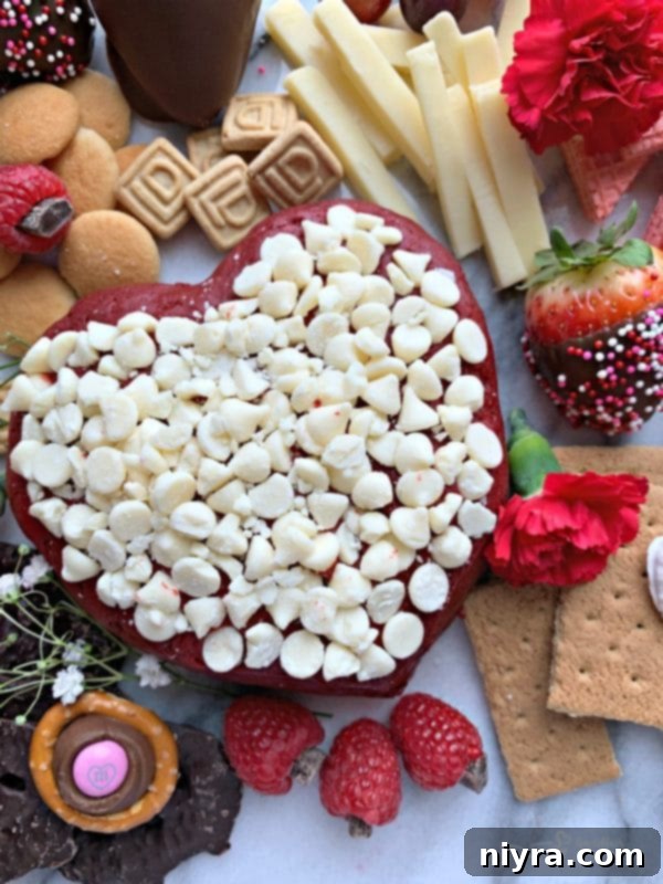 The finished Valentine's Dessert Cheese Board, showcasing the heart-shaped red velvet cheese ball as the star, surrounded by a diverse and artful array of sweet and fruity delights, ready for sharing.