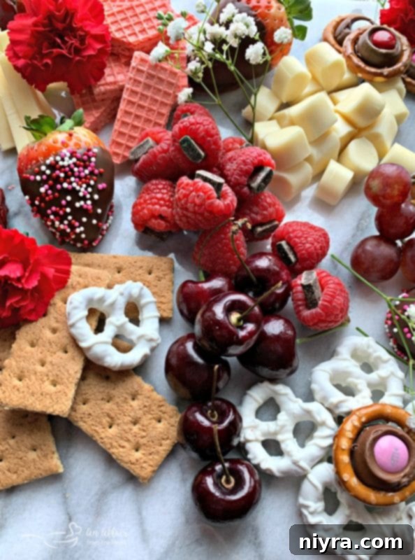 A beautiful close-up detail of the Valentine's Dessert Cheese Board, highlighting the inviting textures and vibrant colors of the carefully arranged sweet treats, fresh fruits, and the centerpiece cheese ball.