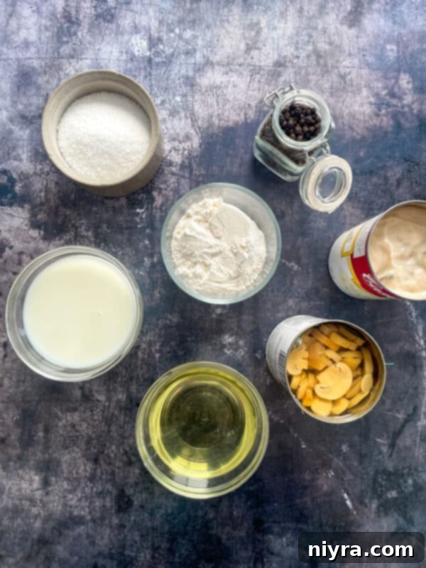 Mantar Soslu Domuz Pirzolası 4 Ingredients for making pork chops with mushroom gravy, including pork chops, flour, mushrooms, and cream of mushroom soup.