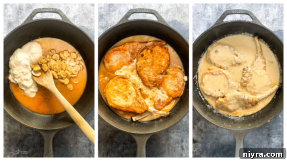 Mantar Soslu Domuz Pirzolası 7 A large skillet containing the delicious drippings and browned bits after searing pork chops, essential for making the gravy.